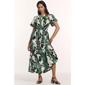Anthropologie Green White Black Floral Tiered Maxi Dress